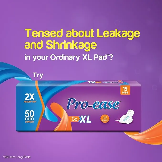 Pro Ease GO XL Sanitary Pad | Pack Of 15 Pad | Sanitary Pad For Women | 30% More Absorption| 18% Bigger | Odour Control | Superior Dry Feel | Secure Sticking Pads