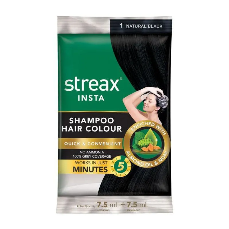 Streax Insta Shampoo Hair Colour - Shade 1 Natural Black 18 ml